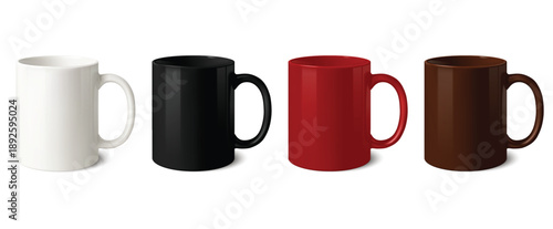 Ceramic mug and cup mockups for coffee and tea branding blank, white, black and red, brown template for printable merchandise. Realistic 3D rendering vector set