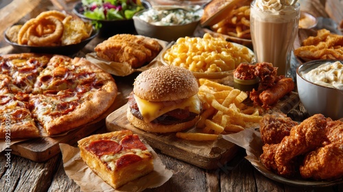 Warm-toned montage of comfort foods on a rustic table: burgers, hot dogs, fried chicken, mac and cheese