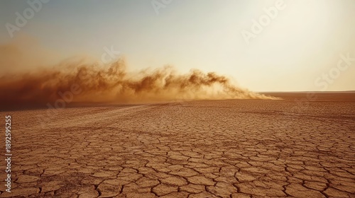 Dust storm swirling across a dry cracked lakebed under a pale sky