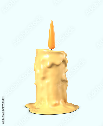 Realistic candle with flame. Melted wax candle on blue background. Vector template closeup. Decorative element for lighting concepts, romantic, festive mood