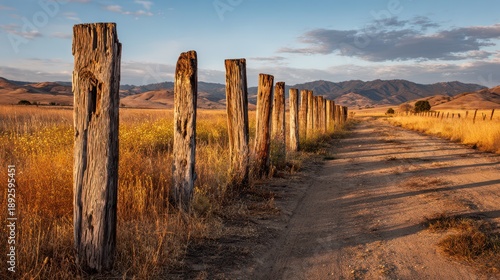 Weathered timber poles stretching into the horizon with grasses and sky