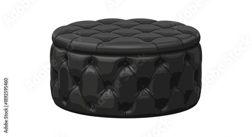 Round Black Tufted Leather Footstool with Diamond Pattern Stitching Isolated on White