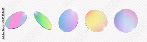 Holographic circle glass plates. Color gradient tinted transparent round lenses with glossy mirror reflection. 3d realistic render Y2k morphism disk vector set