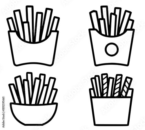 4 outline icons of French fries in a container, for coloring