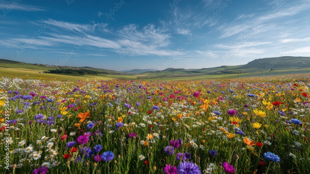 Obraz premium Wide panoramic field of blooming wildflowers bathed in soft morning light