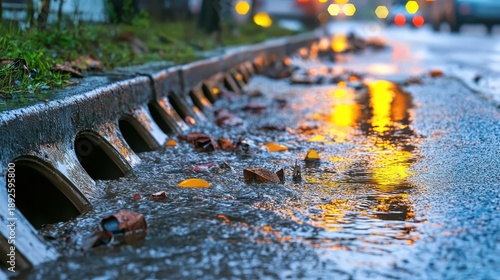 Overflowing street drainage channels during heavy rainfall