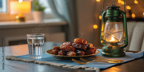 Ramadan iftar table setting with dates, traditional lantern, glass of water, warm evening light, cozy islamic atmosphere, wooden table, peaceful spiritual mood, perfect for ramadan food ads and banner