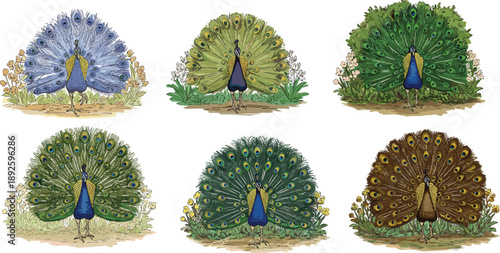 Colorful peacock illustration set featuring six detailed hand drawn peafowl variations for nature wildlife art design collection botanical decorative background