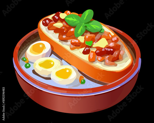 Toasted bread appetizer with tomato sauce and boiled egg halves garnished with fresh green basil herbs - Vector Illustration
