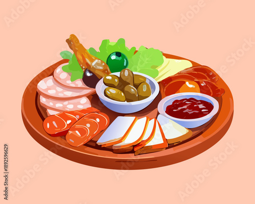 Assorted deli meat platter with olives and dipping sauces for party appetizer snack tray serving board - Vector Illustration