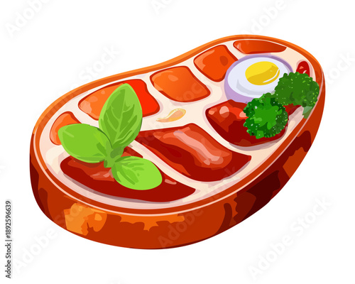 Grilled steak platter with fried egg and fresh green herbs for high protein gourmet dinner meal - Vector Illustration