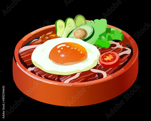 Healthy bowl of rice topped with fried egg and fresh tomato slices with grilled meat pieces - Vector Illustration