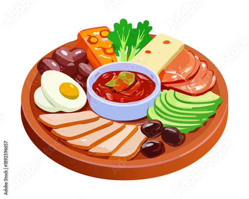 Traditional breakfast board featuring variety of sliced meats and eggs with fresh avocado and dipping sauce - Vector Illustration