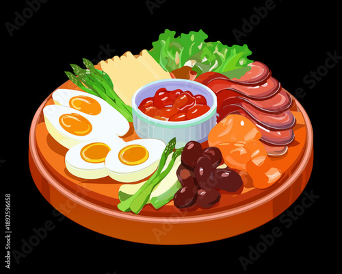Deluxe breakfast platter with fried eggs and assorted meat slices served with fresh beans and greens - Vector Illustration