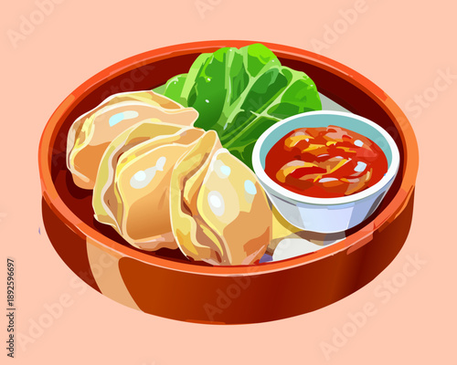 Gyoza dumpling bowl with fresh lettuce and spicy dipping sauce for traditional asian appetizer meal set - Vector Illustration