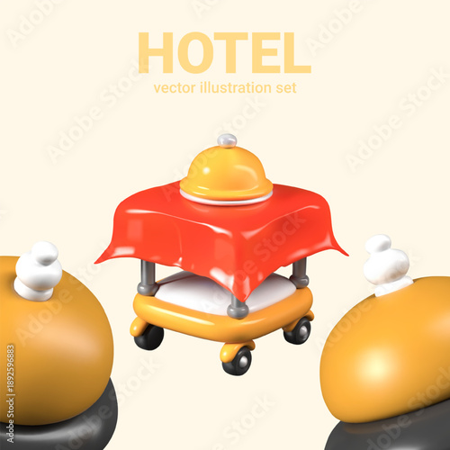 Realistic table on wheels, domed dining room, reception desk. Concept of ordering food in room. Hotel services. Delivery of romantic dinner for vacationer, guest