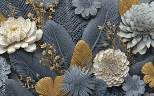 A close-up view of opulent floral arrangement, rendered with textured details and a sophisticated color palette of gold, white and gray