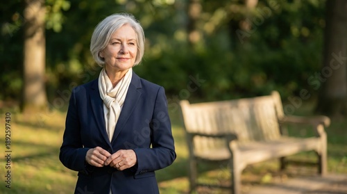 Elegant senior business woman standing confidently in a sunny park setting with copy space for leadership and experience concept.