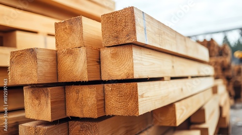 Stack of waterlogged wooden beams with swollen and warped grain on construction site