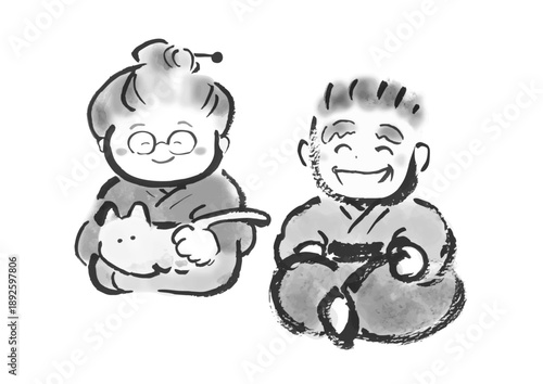 筆書きの日本の昔話風の笑顔のお爺さん、おばあさんの和風イラスト素材
