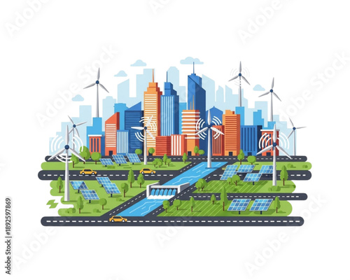 Modern Green Smart City Landscape with Solar Panels, Wind Turbines and Hydro Power. Sustainable Urban Infrastructure and Renewable Energy Concept. Flat Vector Illustration.