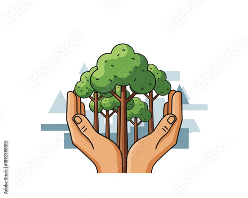 Hands protecting green trees forest, environmental care and conservation concept, reforestation sustainability eco protection, modern flat vector illustration