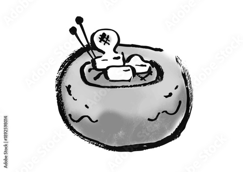 筆書きの日本の昔話風火鉢の和風イラスト素材