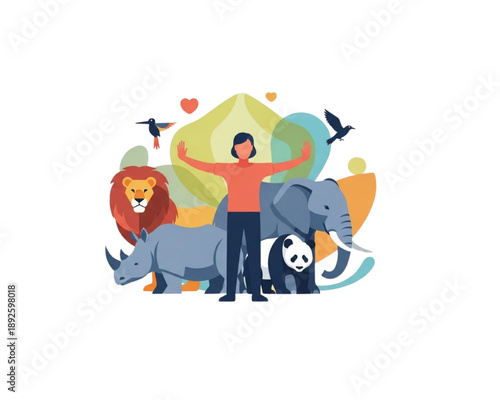 Wildlife protection concept with human and endangered animals lion elephant panda rhino and birds, biodiversity conservation and animal rights, modern flat vector illustration