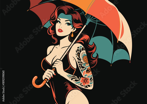 Beautiful Tattooed Woman With Umbrella Illustrator Artwork Creative Design Template 
