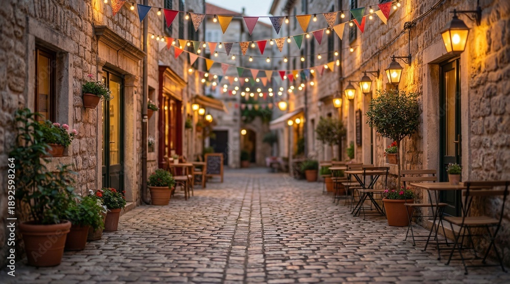 Obraz premium Charming cobblestone alley with lights, tables, and potted plants.