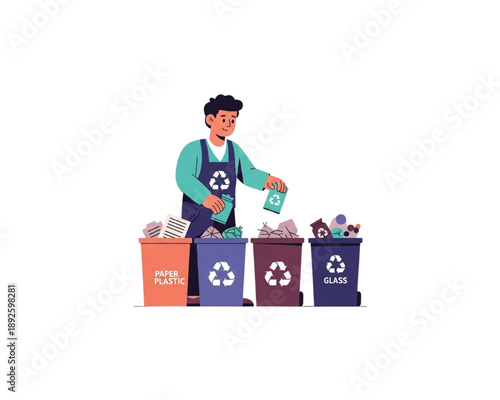 Man sorting waste into recycling bins for paper plastic metal and glass, garbage separation and zero waste lifestyle concept, environmental education modern flat vector illustration