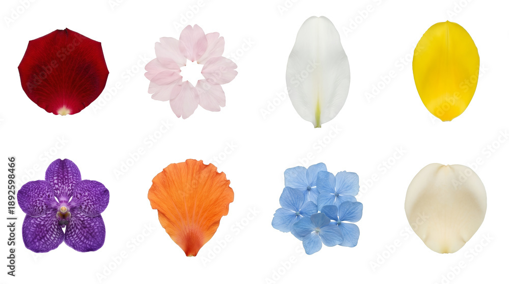 Fototapeta premium Flower petal set including rose, orchid, hydrangea, and tulip varieties isolated. Floral botany and nature collection.