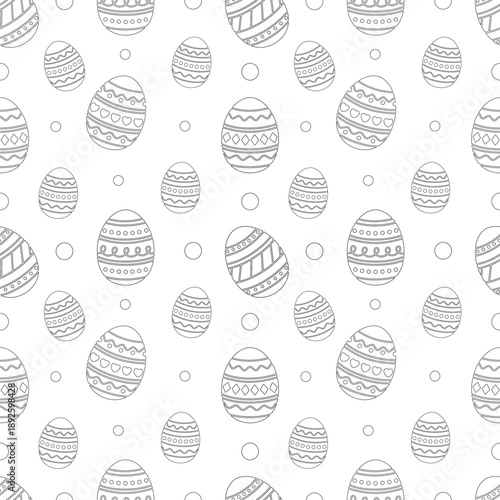 Seamless black and white Easter egg pattern with decorative ornaments. Outline illustration for coloring pages, wrapping paper, textiles, wallpapers, and holiday design.