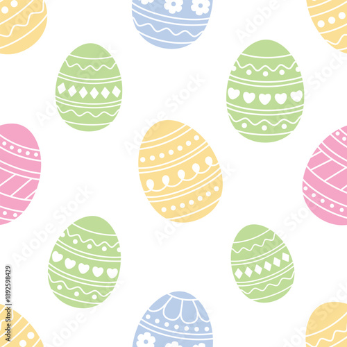 Seamless pastel Easter egg pattern with decorative ornaments. Cute spring illustration for wrapping paper, textiles, wallpapers, greeting cards, and festive design.