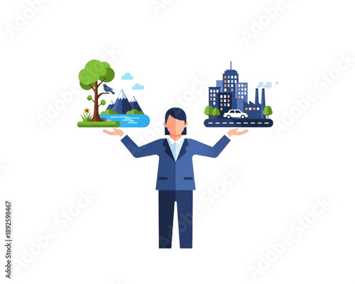 Businesswoman balancing nature and city industry, sustainable development decision concept, eco vs pollution urbanization choice, modern flat vector illustration