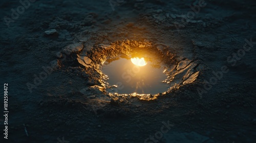 Sunlight reflecting off a small puddle of dried cracked earth