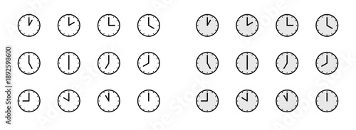 Time and clock icons. Analog clock, notifying each hour. Business watch. Speed time icon. Vector illustration