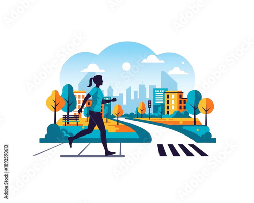 Active Woman Running in City Park with Skyscrapers Background. Female Jogger Exercising on Urban Street Path. Healthy Lifestyle Concept. Flat Vector Illustration.