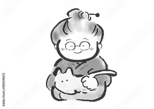 筆書きの日本の昔話風のおばあさんの和風イラスト素材