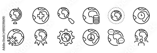 Earth icon set. Planet black line icons. Globe, world, global sign, symbol. Vector illustration. Flat design. Isolated on a white background. Editable stroke.