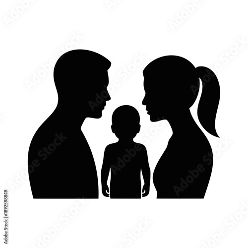 Family Silhouette of Parents and Child on White Background
