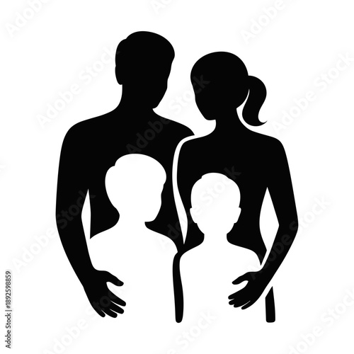 Silhouette of a family with two children embracing on a white background parents embrace
