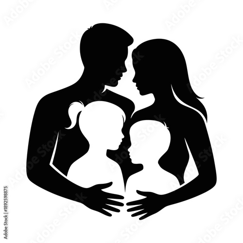 Silhouette of a loving family with two children embracing on a white background love parents