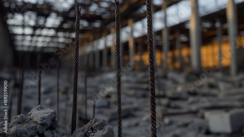 Twisted rebar ends sticking out from broken concrete in a decaying abandoned construction site