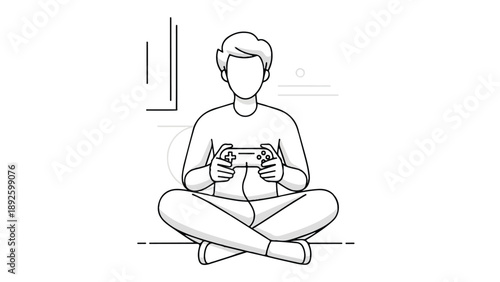 Clean vector illustration of a person engaged in digital gaming, sitting comfortably with a game controller, embodying modern leisure and interactive entertainment concepts