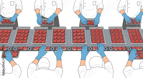 Top View Illustration of a Meat Processing Factory Line with Multiple Workers and Trays of Steaks