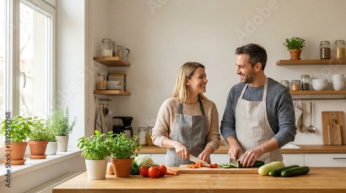 Couple cooking vegetables together in a bright, modern kitchen.
