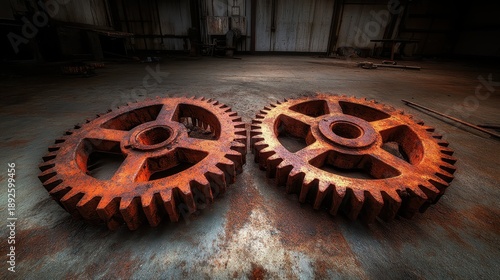 Two large rusty industrial gears interlocking and seized together on a worn floor in an abandoned factory setting
