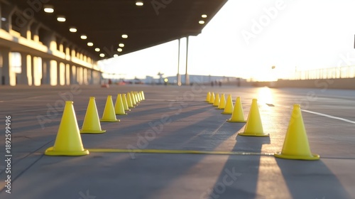 Yellow safety cones forming a perimeter on asphalt