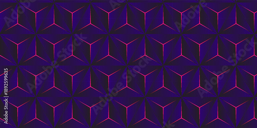 A repeating geometric abstract pattern with purple cube shapes and pink neon lines.